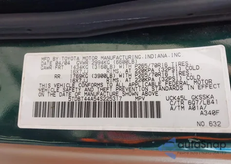 2004 Toyota Sequoia Sr5 V8 z USA, uszkodzony, nr VIN 5TDBT44A54S225317